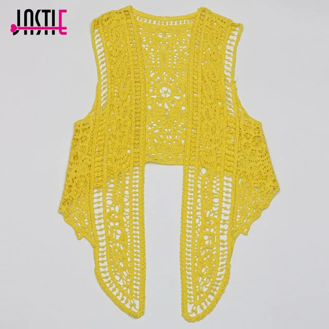 Jastie Asymmetric Open Stitch Cardigan Summer Beach Boho Hippie People Style Crochet Knit Embroidery Blouse sleeveless Vest