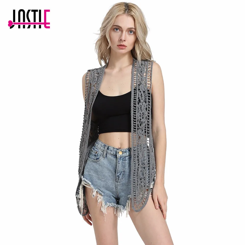 Jastie Asymmetric Open Stitch Cardigan Summer Beach Boho Hippie People Style Crochet Knit Embroidery Blouse sleeveless Vest