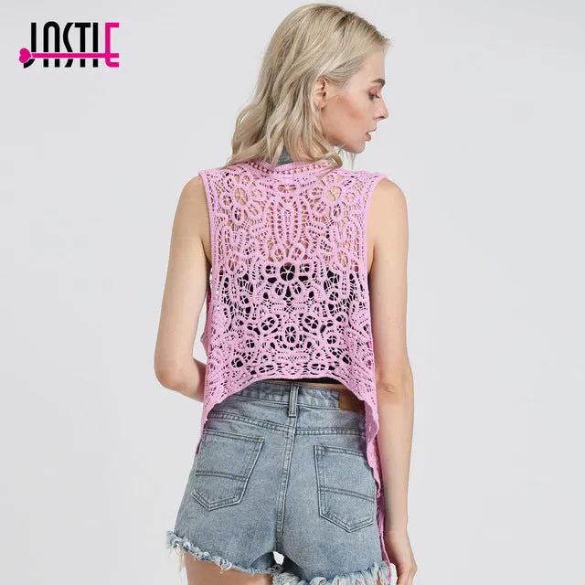 Jastie Asymmetric Open Stitch Cardigan Summer Beach Boho Hippie People Style Crochet Knit Embroidery Blouse sleeveless Vest