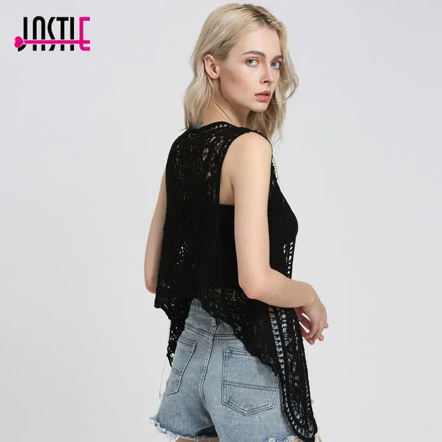 Jastie Asymmetric Open Stitch Cardigan Summer Beach Boho Hippie People Style Crochet Knit Embroidery Blouse sleeveless Vest