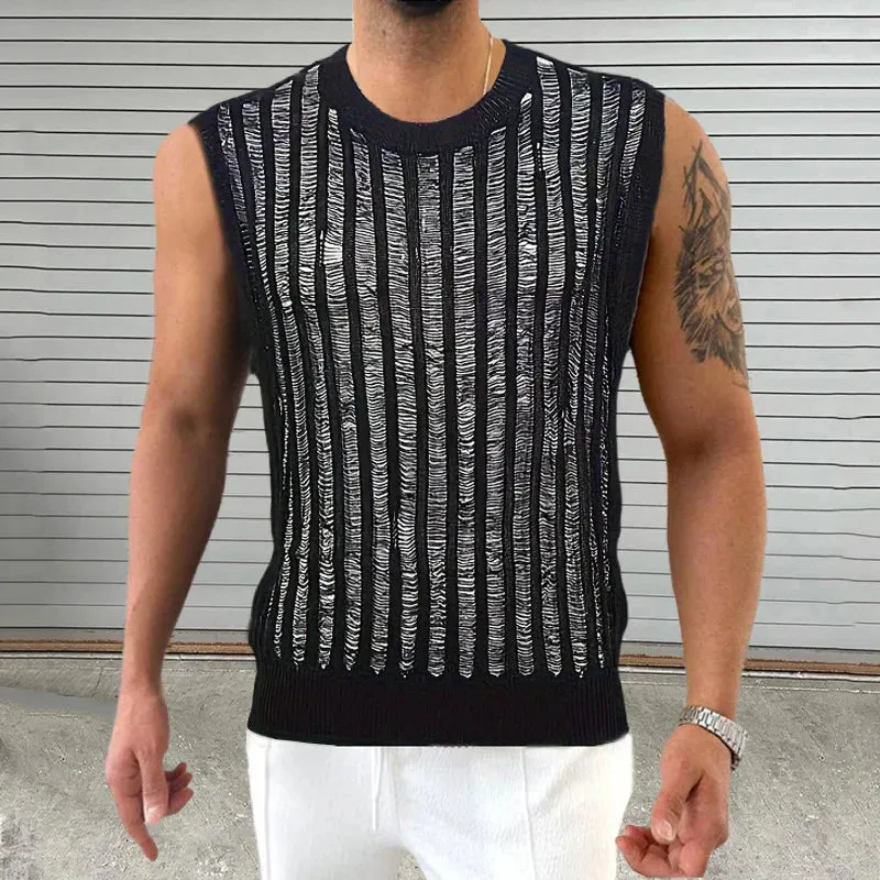 Jinquedai Hip Hop Mens Slim Tank Tops Knitted Crew Neck Sleeveless Casual Camisoles 2024 Summer Sexy Hollow Out See Through Knitting Vest