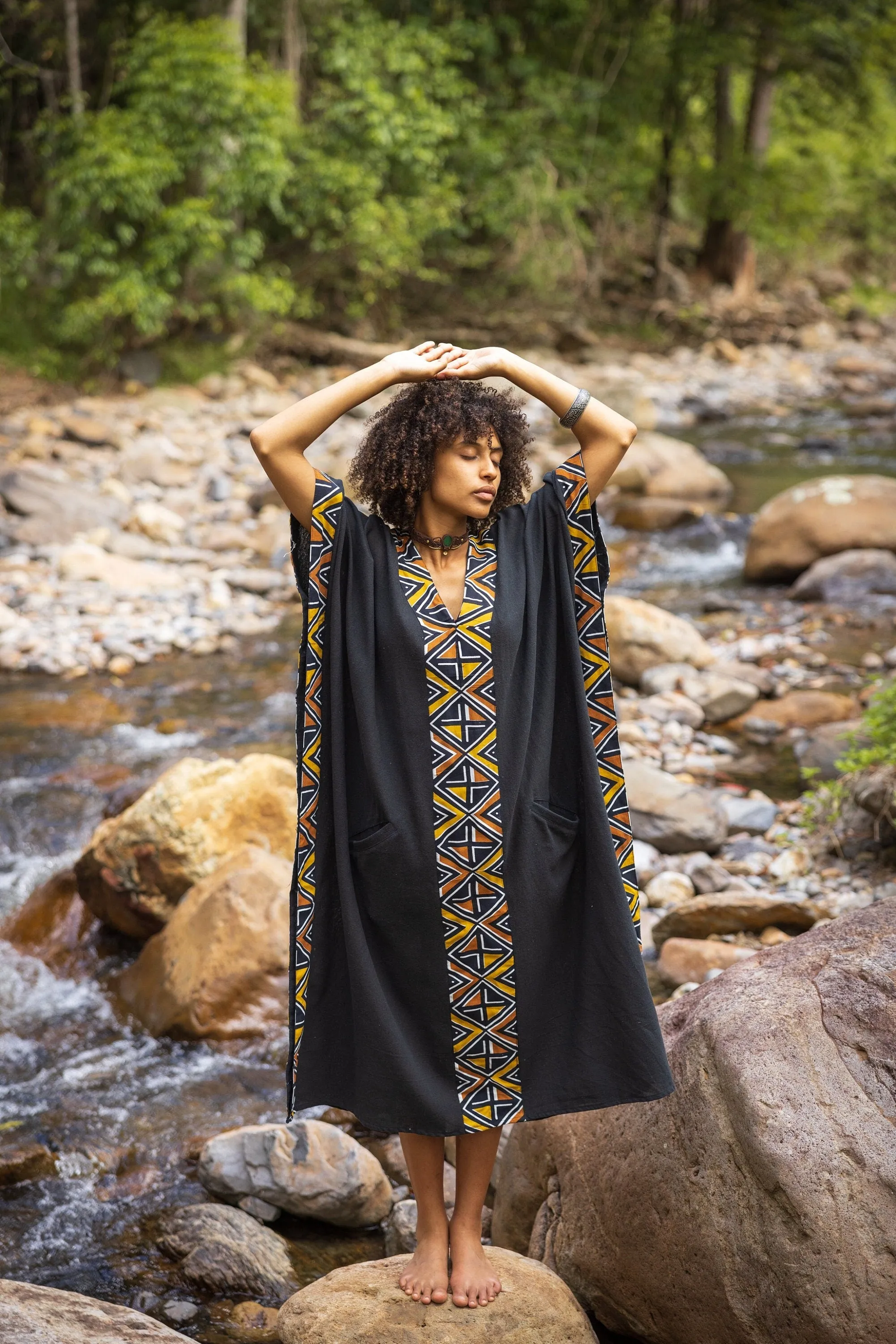 KAFATU Womens Brown Kaftan Dress Maxi African Tribal Patterns Handmade Robe Natural Cotton with Pockets Ceremony Ritual Festival Boho AJJAYA