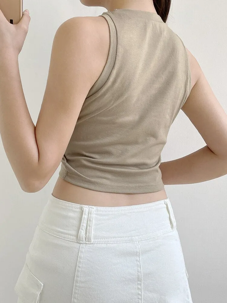 Khaki Pockets Vest Skinny Crop Top