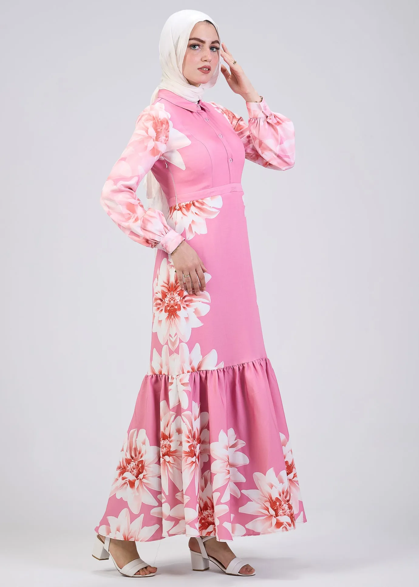 Khitam Pink Floral Modest Tiered Maxi Dress with Balloon Sleeves