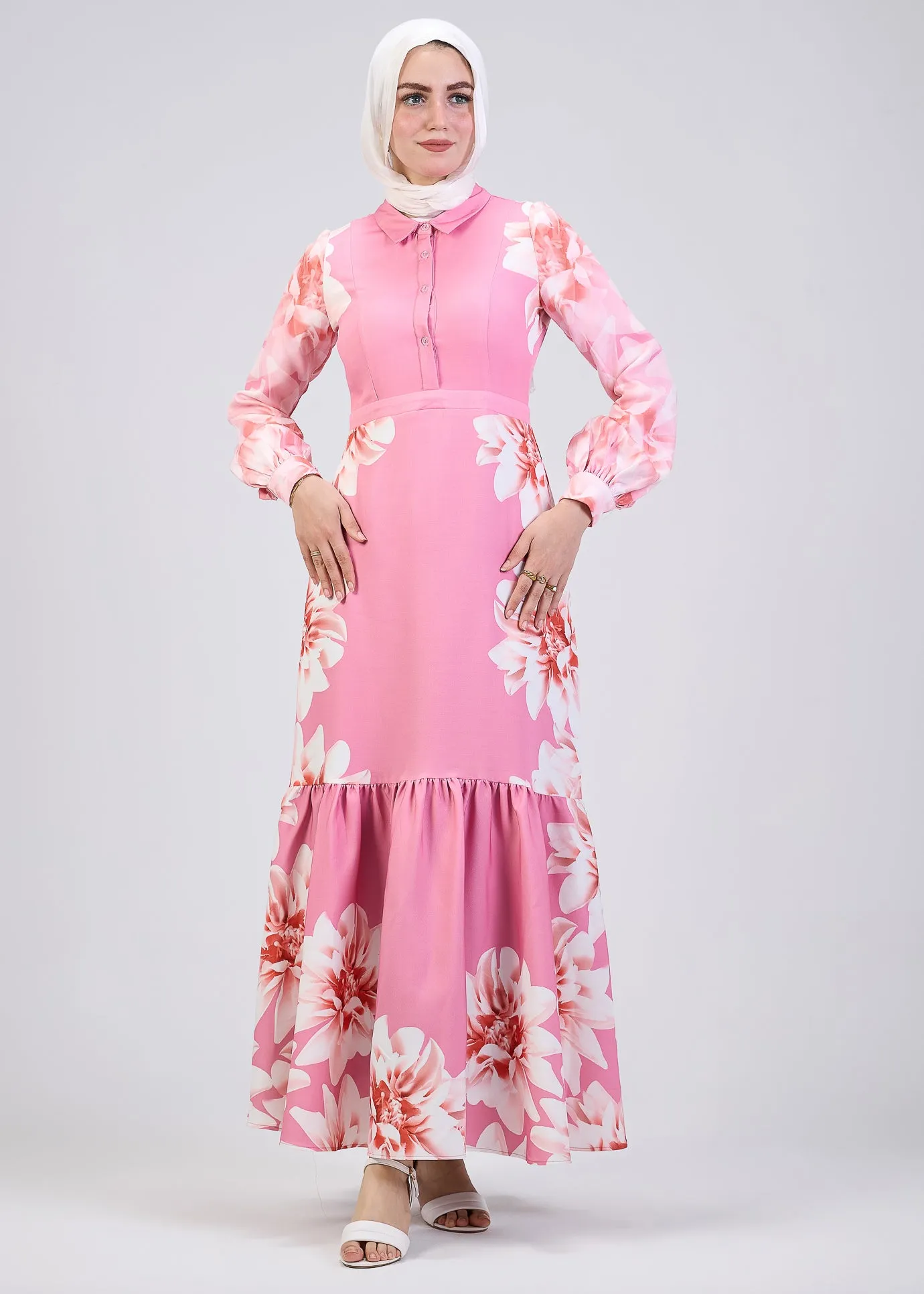 Khitam Pink Floral Modest Tiered Maxi Dress with Balloon Sleeves