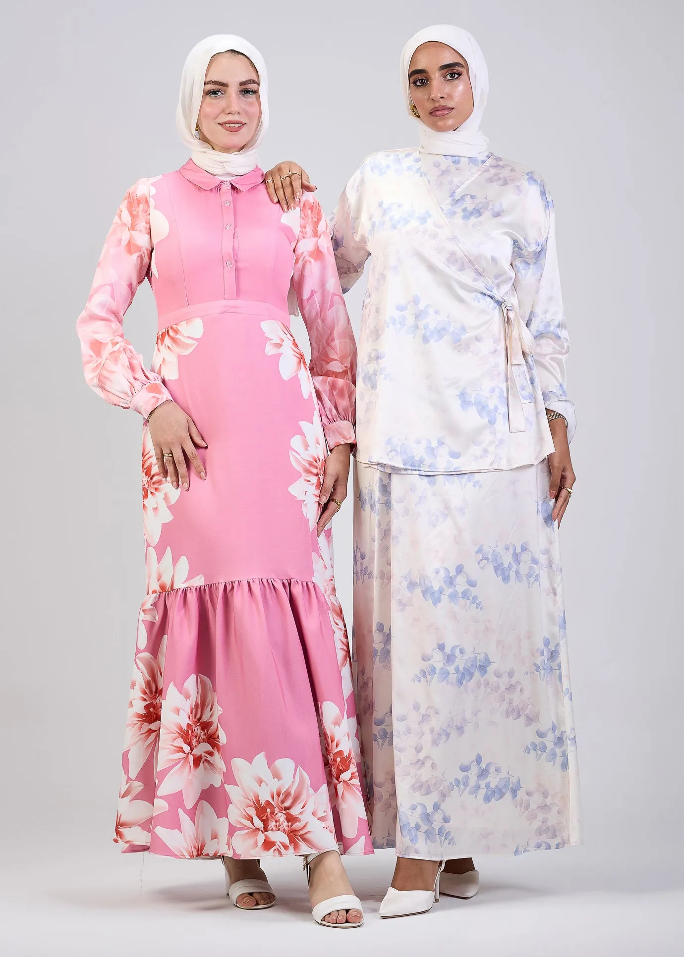 Khitam Pink Floral Modest Tiered Maxi Dress with Balloon Sleeves