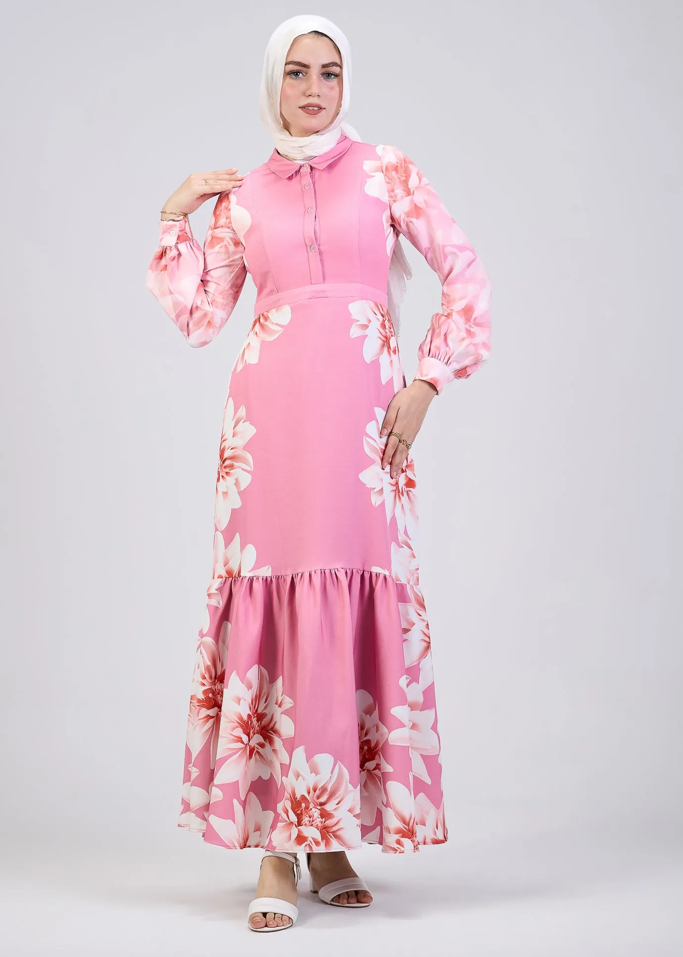 Khitam Pink Floral Modest Tiered Maxi Dress with Balloon Sleeves