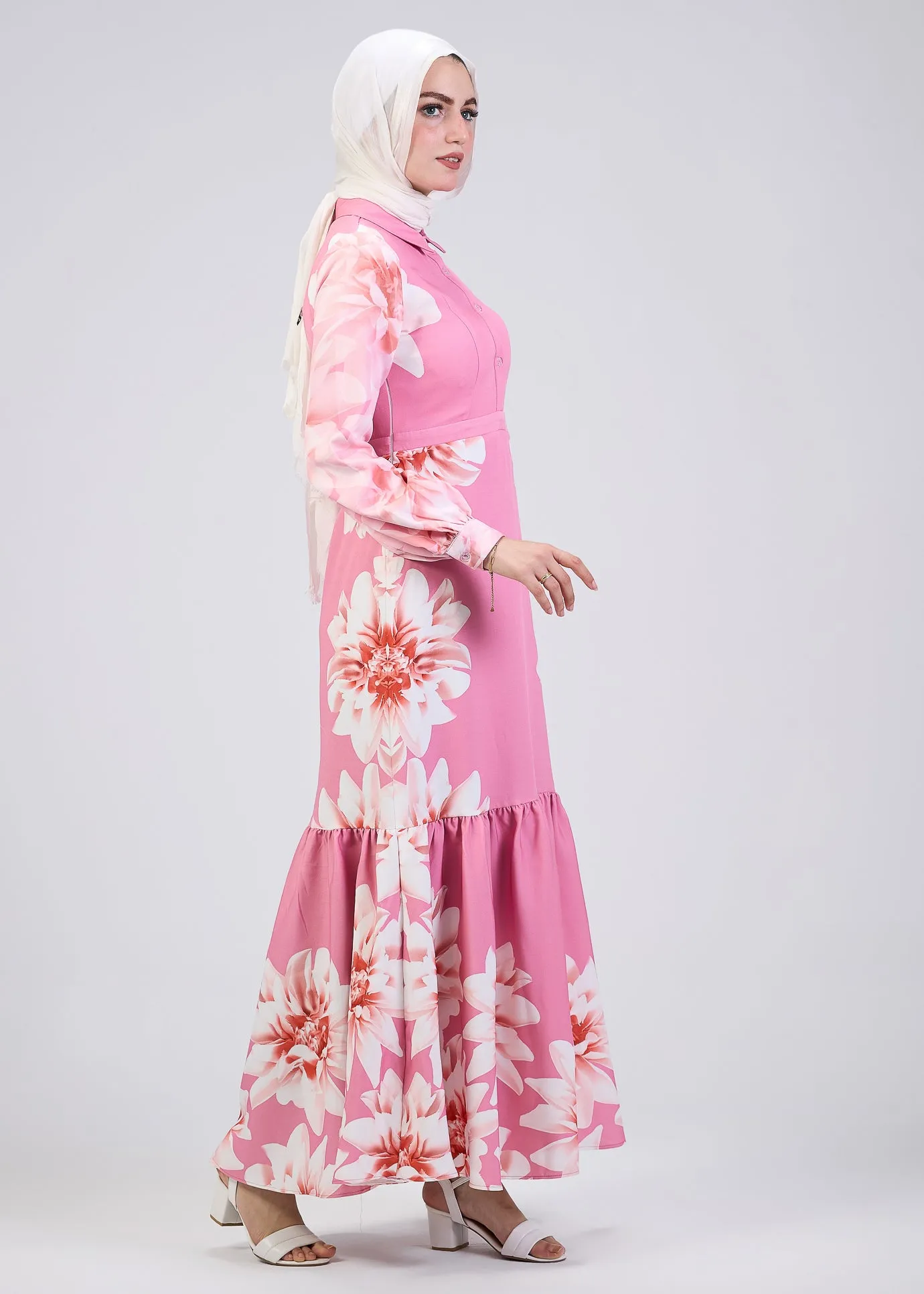 Khitam Pink Floral Modest Tiered Maxi Dress with Balloon Sleeves