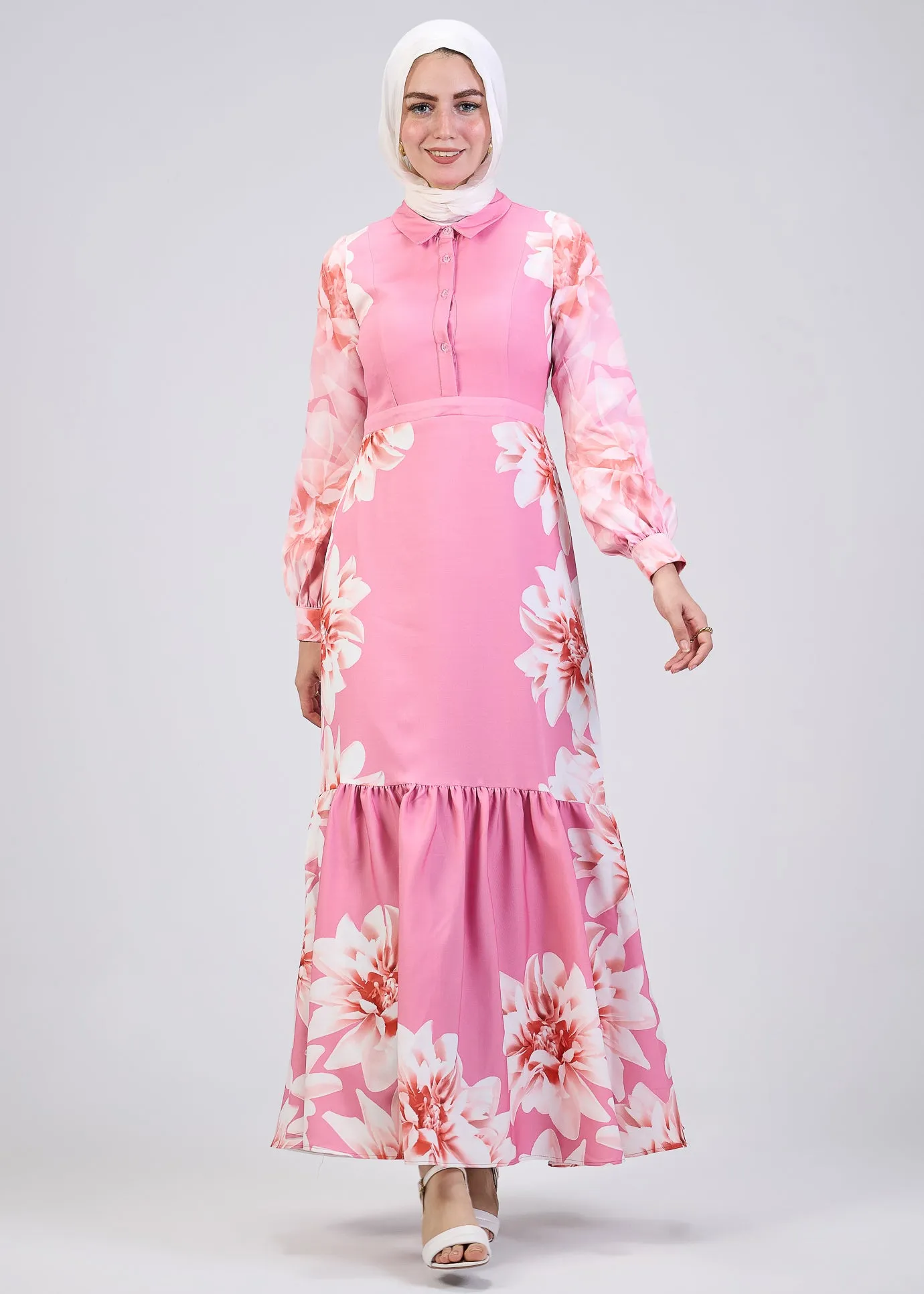 Khitam Pink Floral Modest Tiered Maxi Dress with Balloon Sleeves