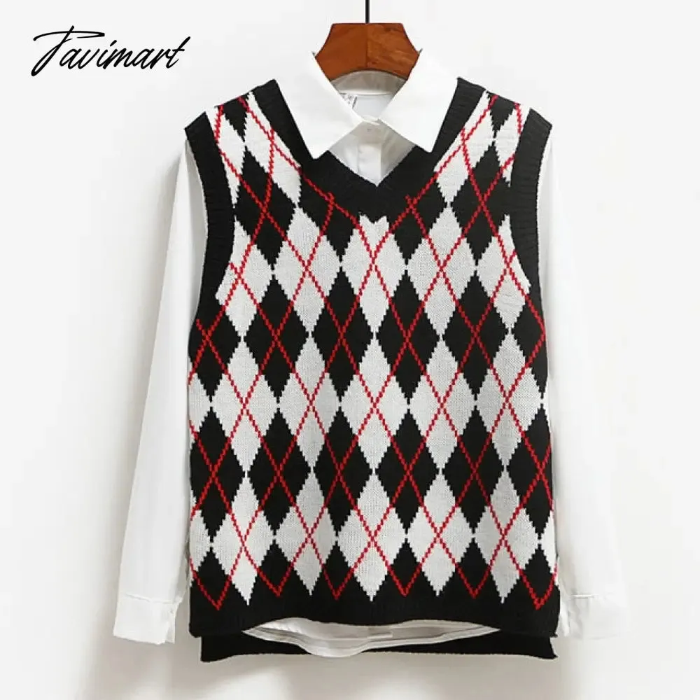 Knitted Vest Vangull Argyle Fashion  Women Casual Korean Pullover Elasticity Sweater Spring Autumn Sleeveless V-Neck Tank Tops