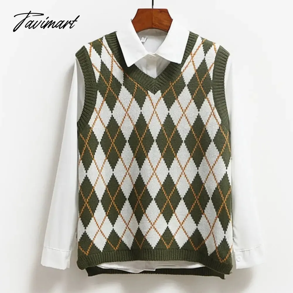 Knitted Vest Vangull Argyle Fashion  Women Casual Korean Pullover Elasticity Sweater Spring Autumn Sleeveless V-Neck Tank Tops