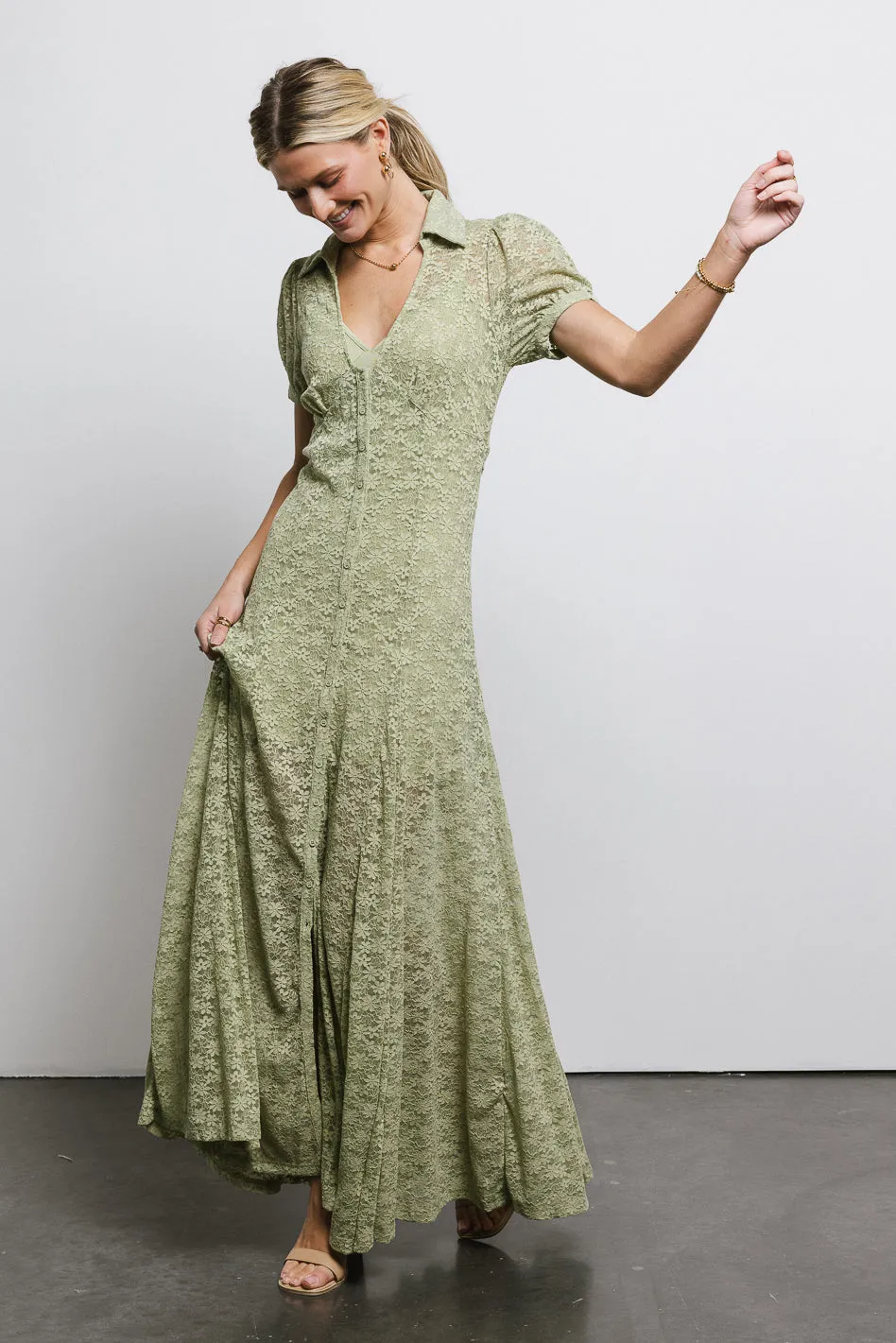 Lace Button Up Dress in Sage - FINAL SALE