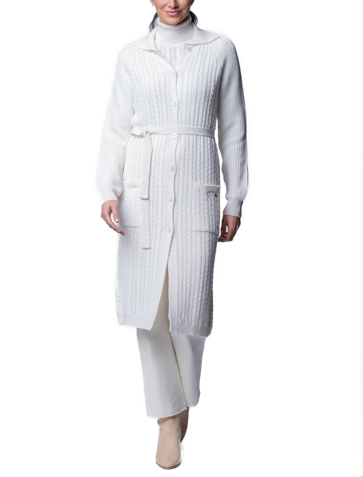 Layla Cable-Knit Belted Coat ; Winter White