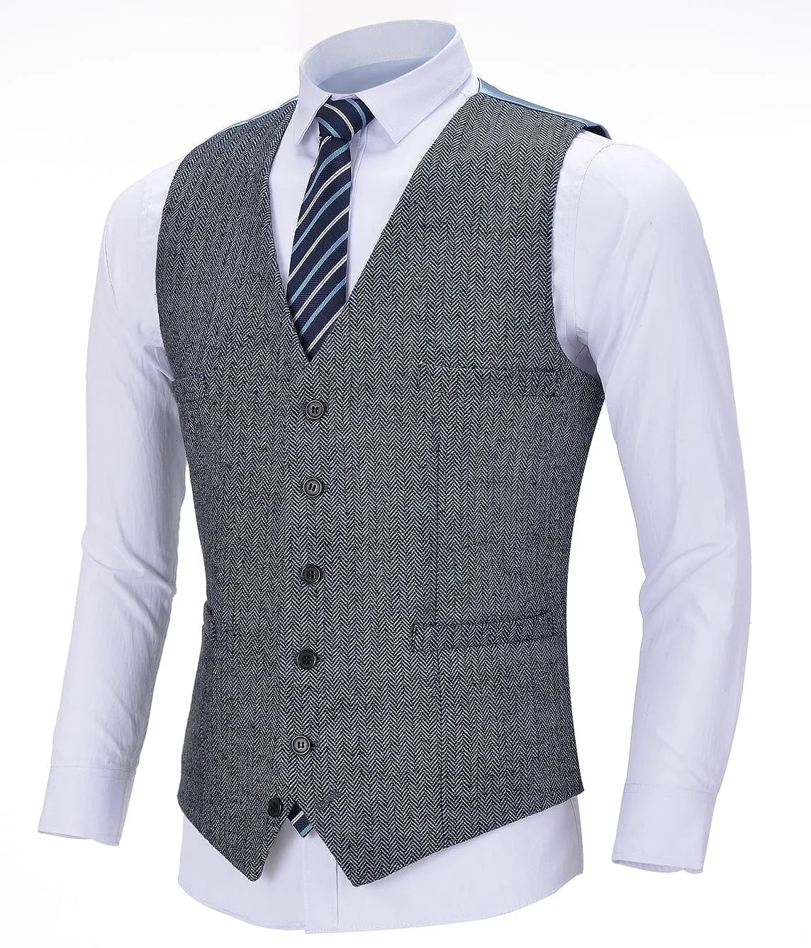 Light Blue Herringbone V Neck Waistcoat