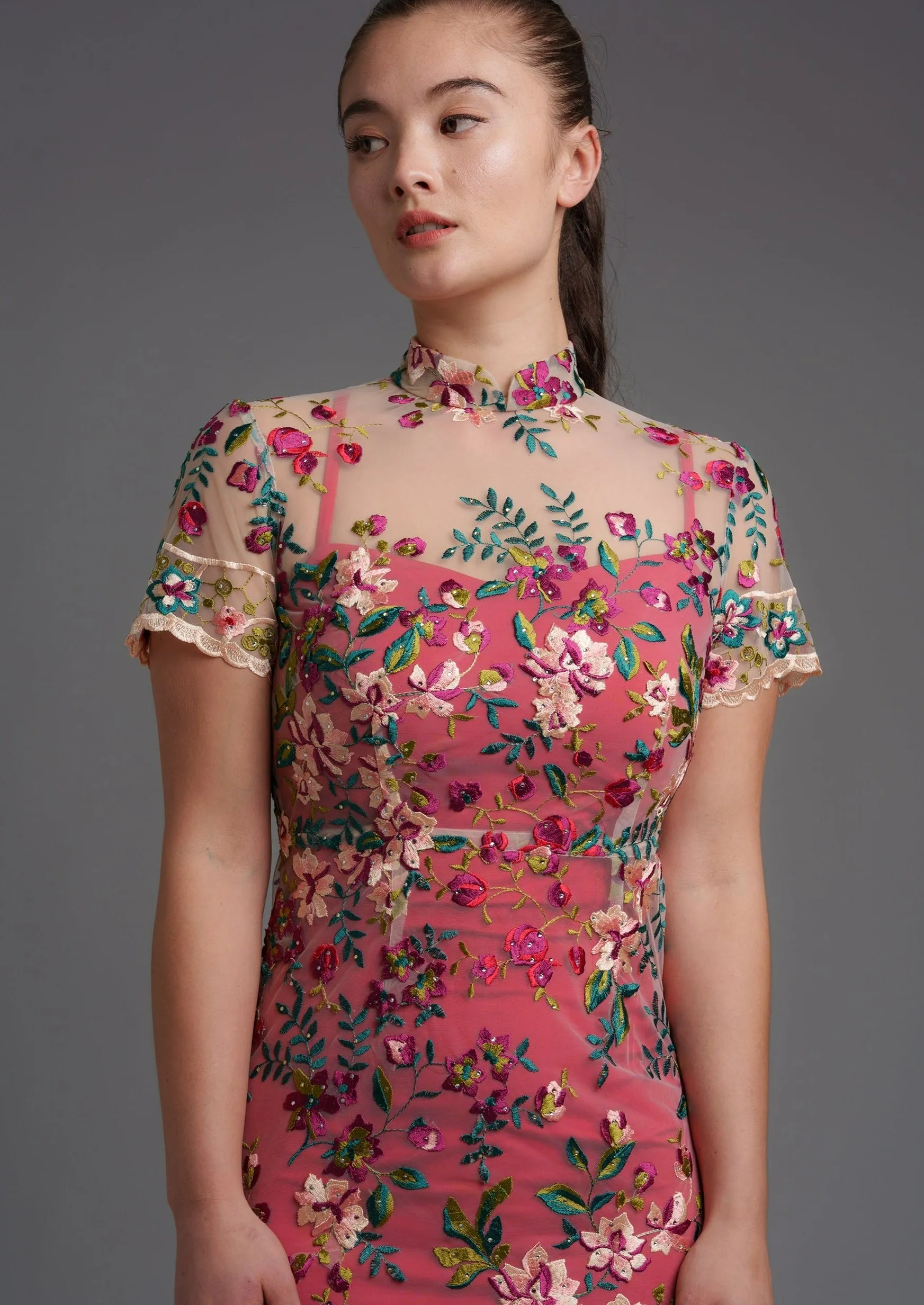 Lotus Short Sleeves Qipao Gown - RTW