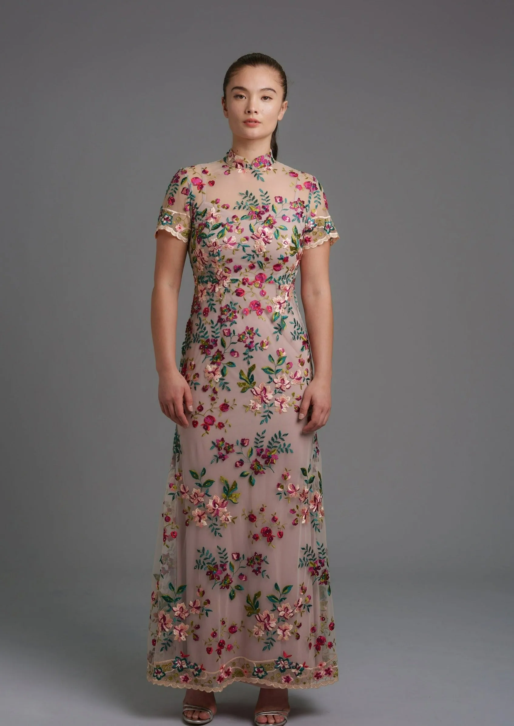 Lotus Short Sleeves Qipao Gown - RTW