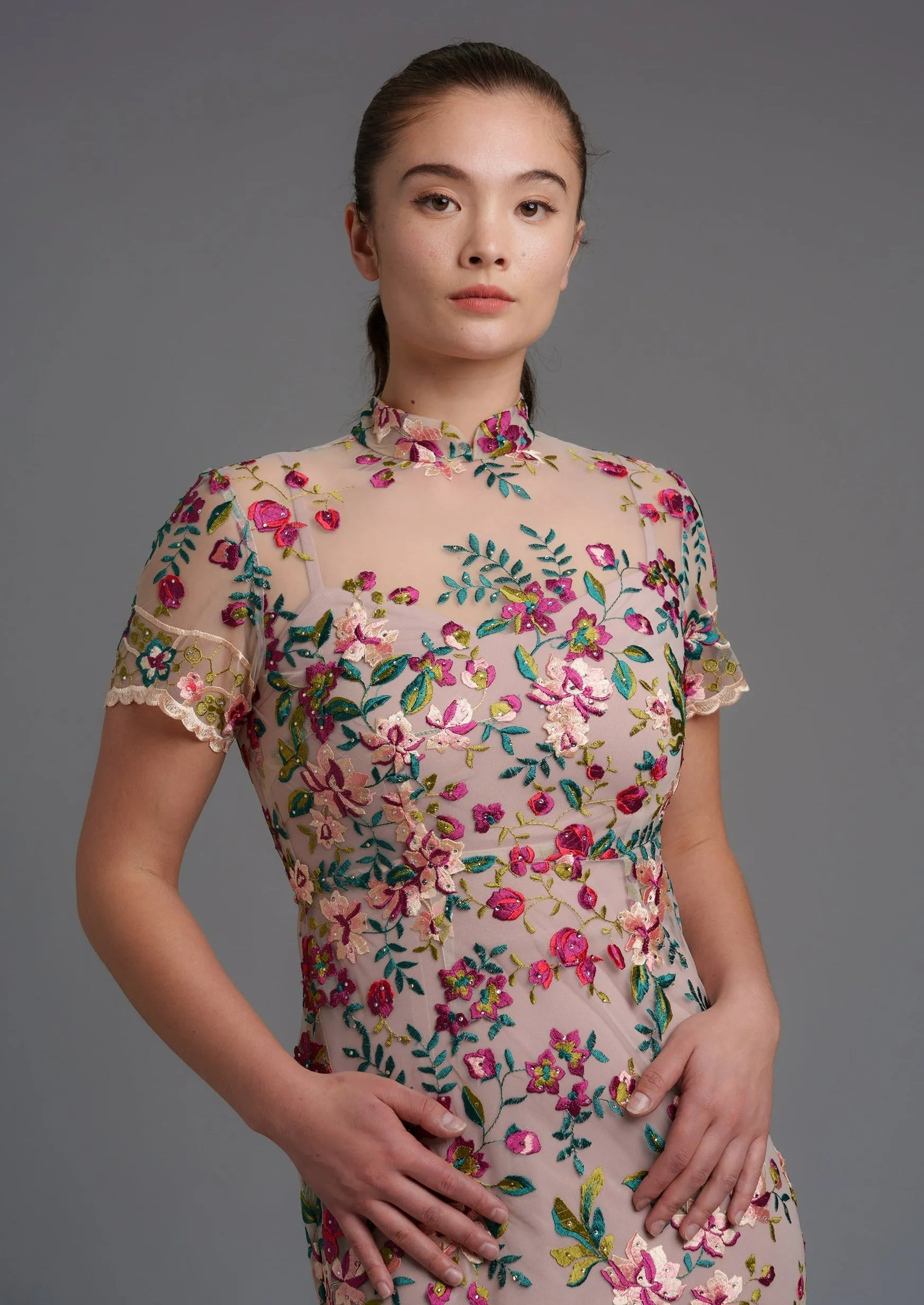 Lotus Short Sleeves Qipao Gown - RTW