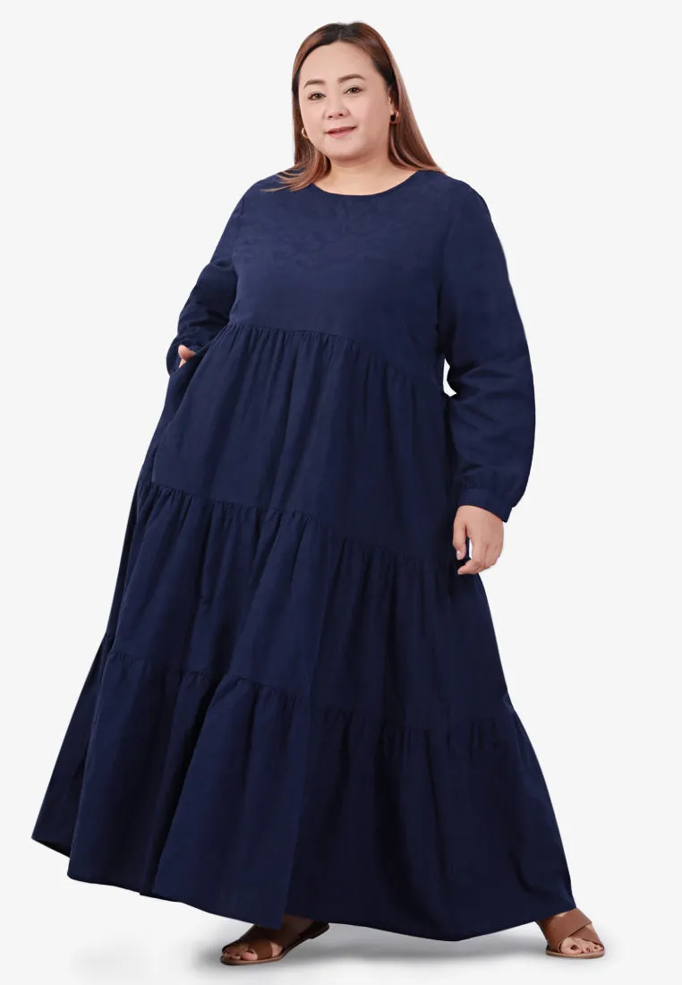 Lucia Cotton Textured Embroidery Maxi Dress - Navy Blue