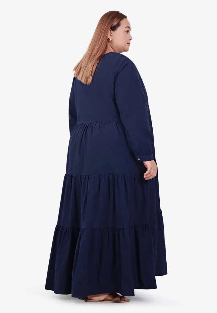 Lucia Cotton Textured Embroidery Maxi Dress - Navy Blue