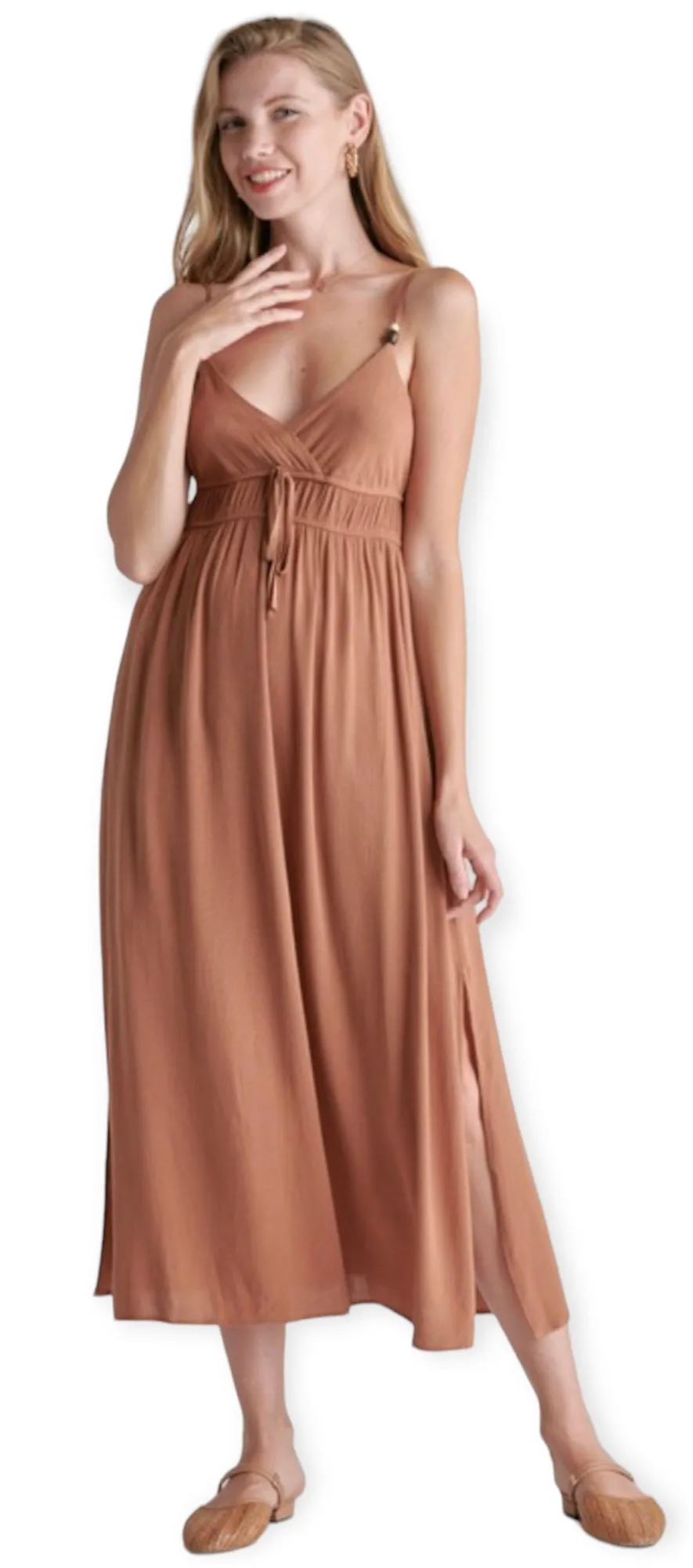 Luna Beaded Double Waist Maxi Dress- Mocha