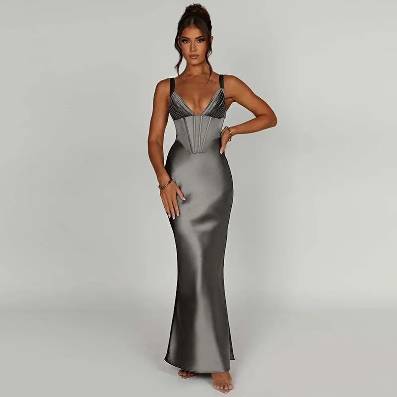 Lux Satin Deep Neck Dress