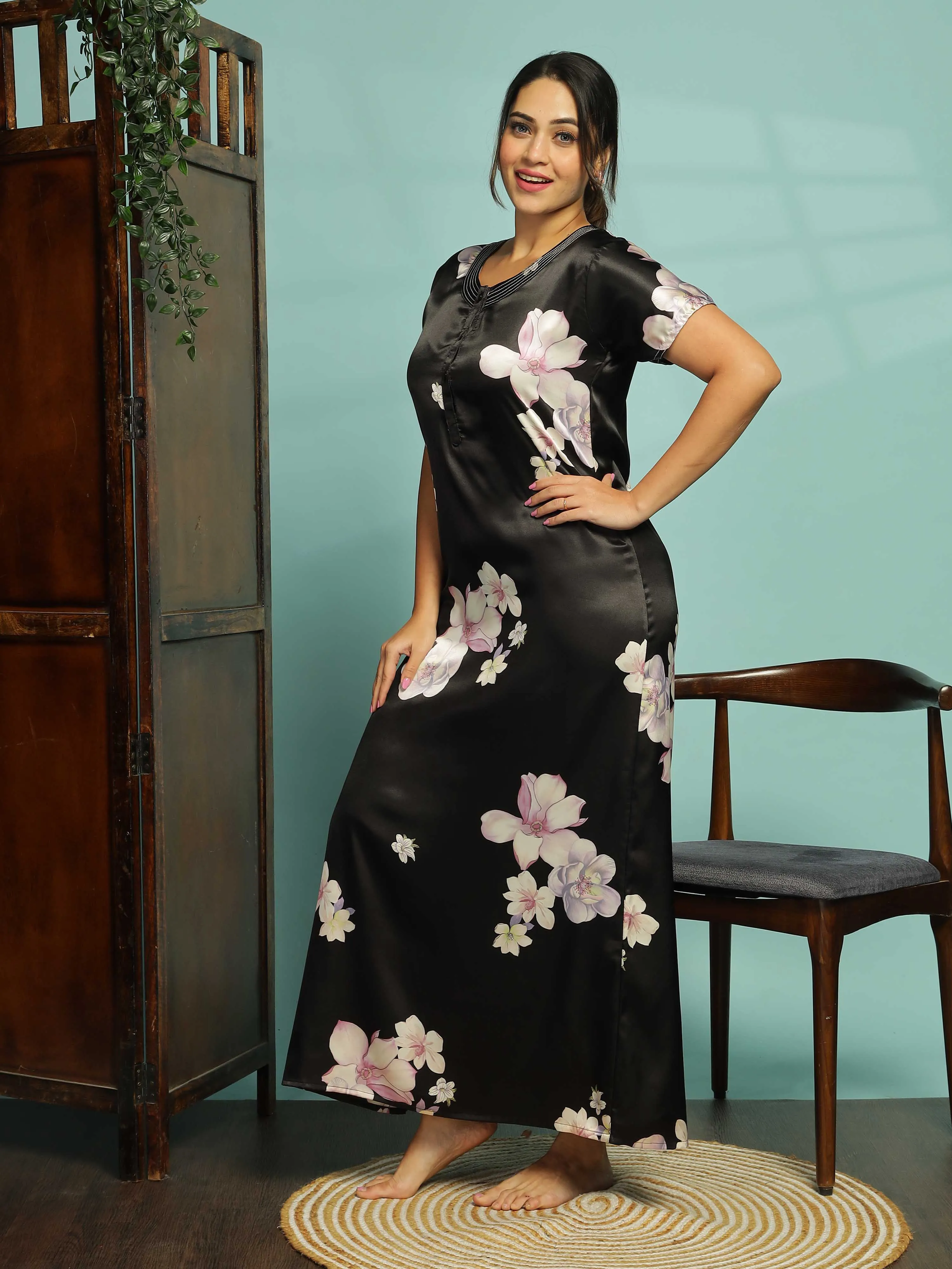 Luxurious Midnight Black Satin Nighty with Floral Patterns