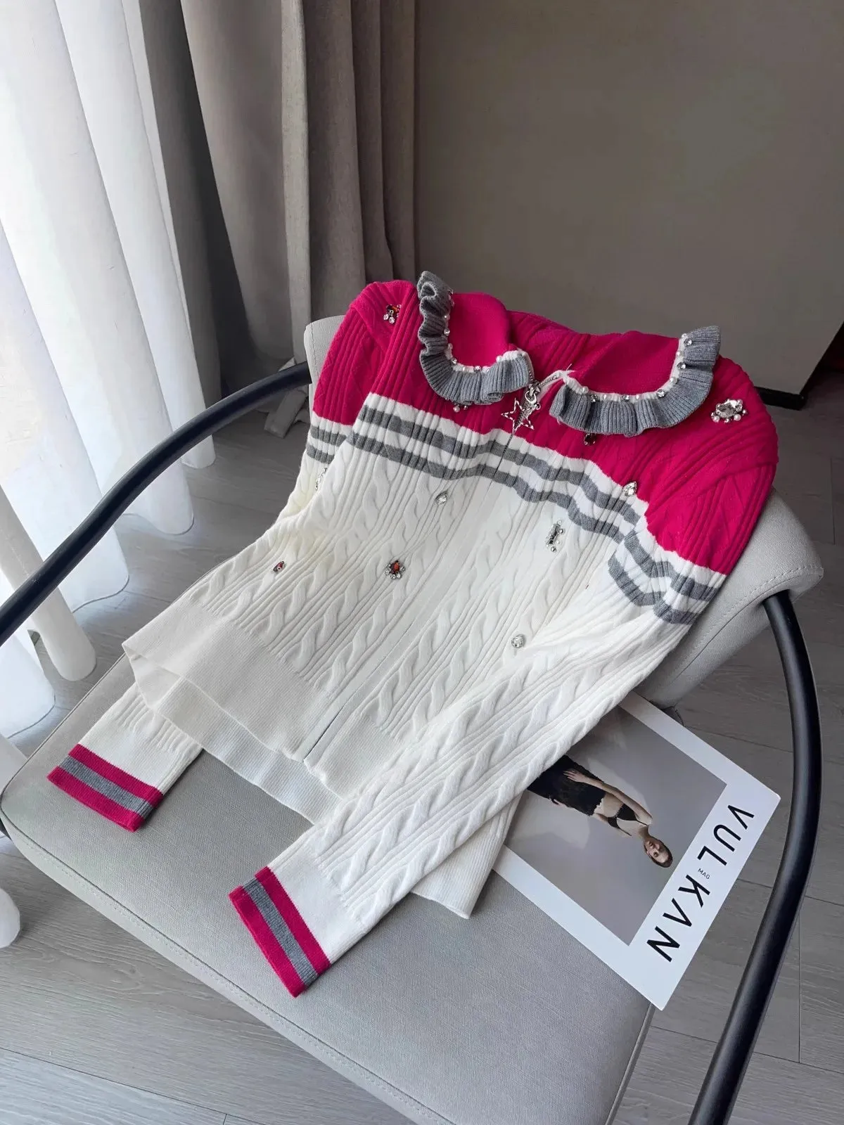 Luxury Designer Brand Knitted Cropped Cardigan for Women Long Sleeve Tunic Contrast Color Y2K Sweater Coat  C-293