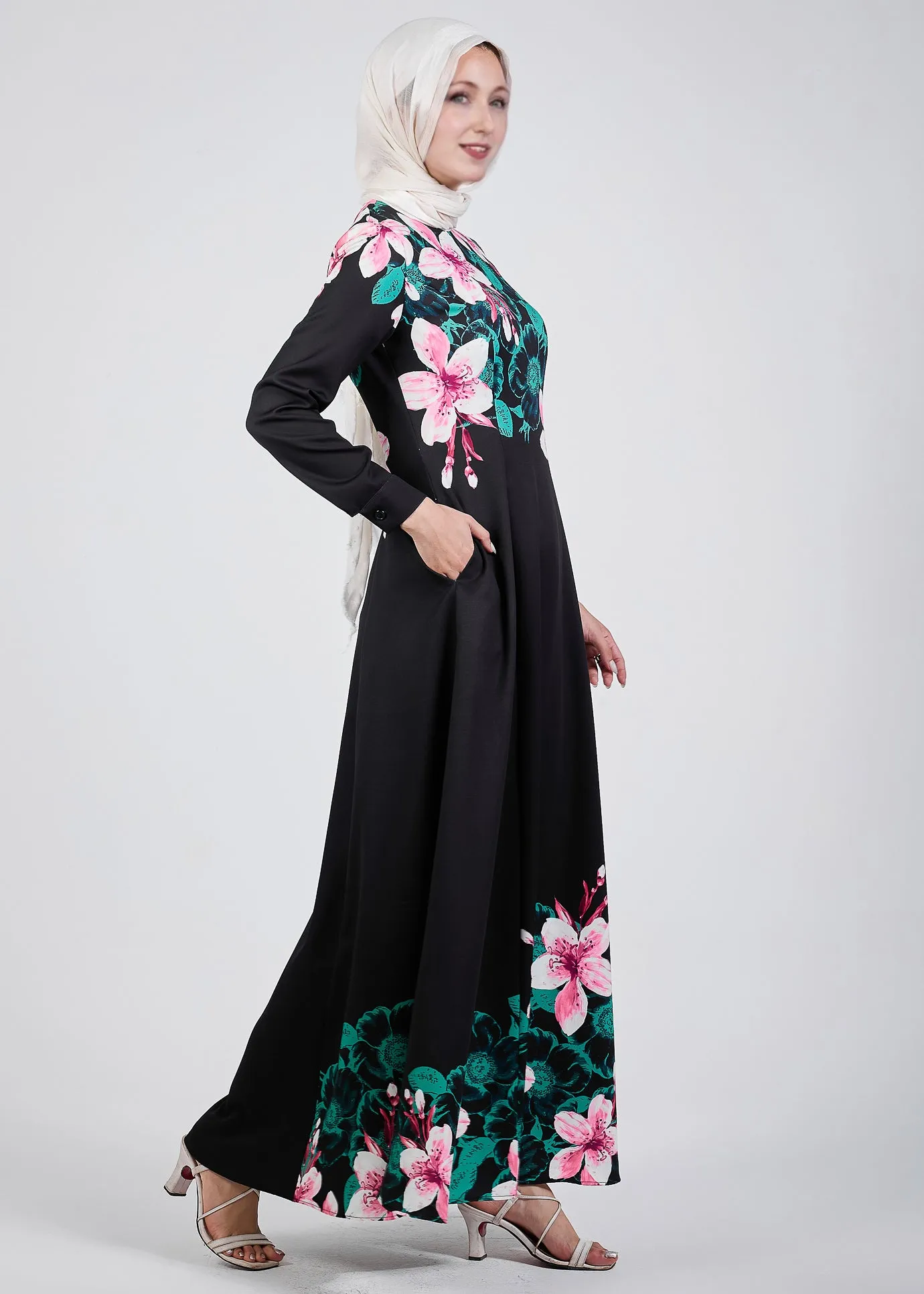 Maysa Floral Grace Black Crepe Maxi Dress