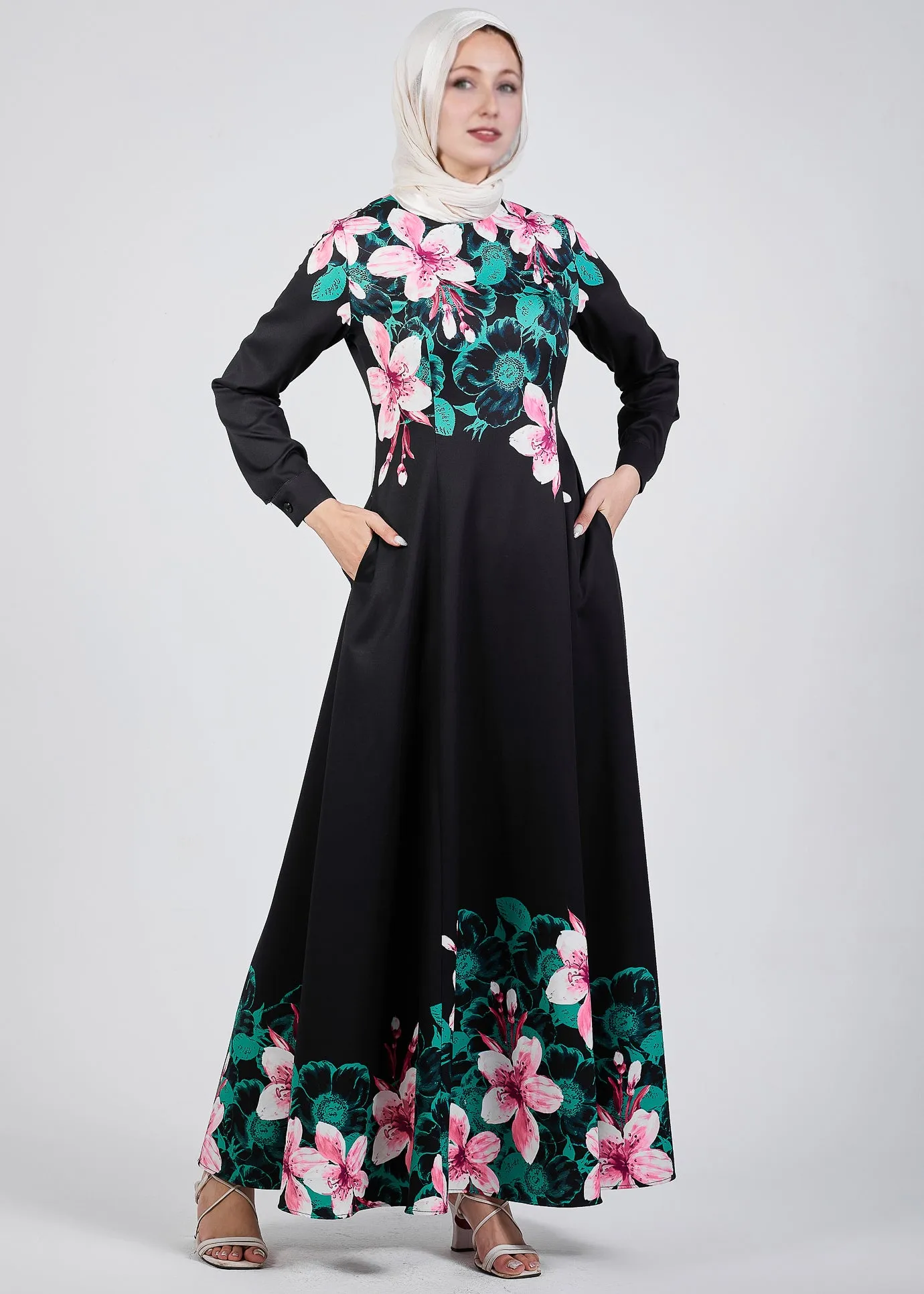 Maysa Floral Grace Black Crepe Maxi Dress