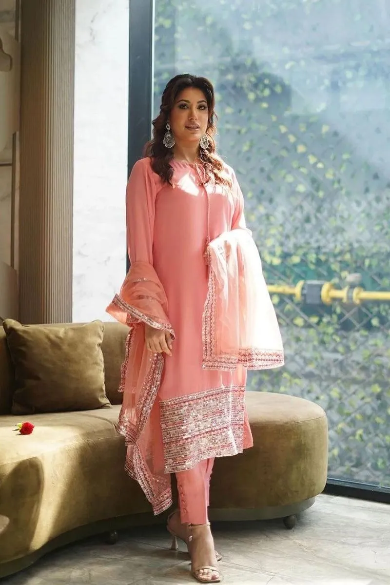 Mehwish Hayat in Natasha Kamal - Pink Embroidered Shirt and Pants with Dupatta - 3 Piece