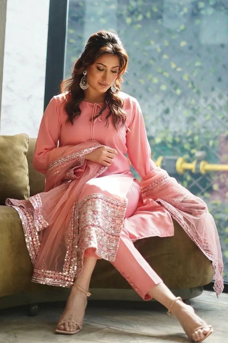 Mehwish Hayat in Natasha Kamal - Pink Embroidered Shirt and Pants with Dupatta - 3 Piece