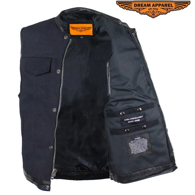 Mens Black Motorcycle Canvas Club Vest With Zipper