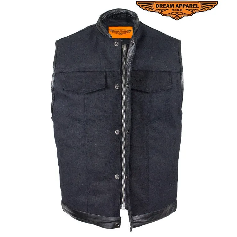 Mens Black Motorcycle Canvas Club Vest With Zipper