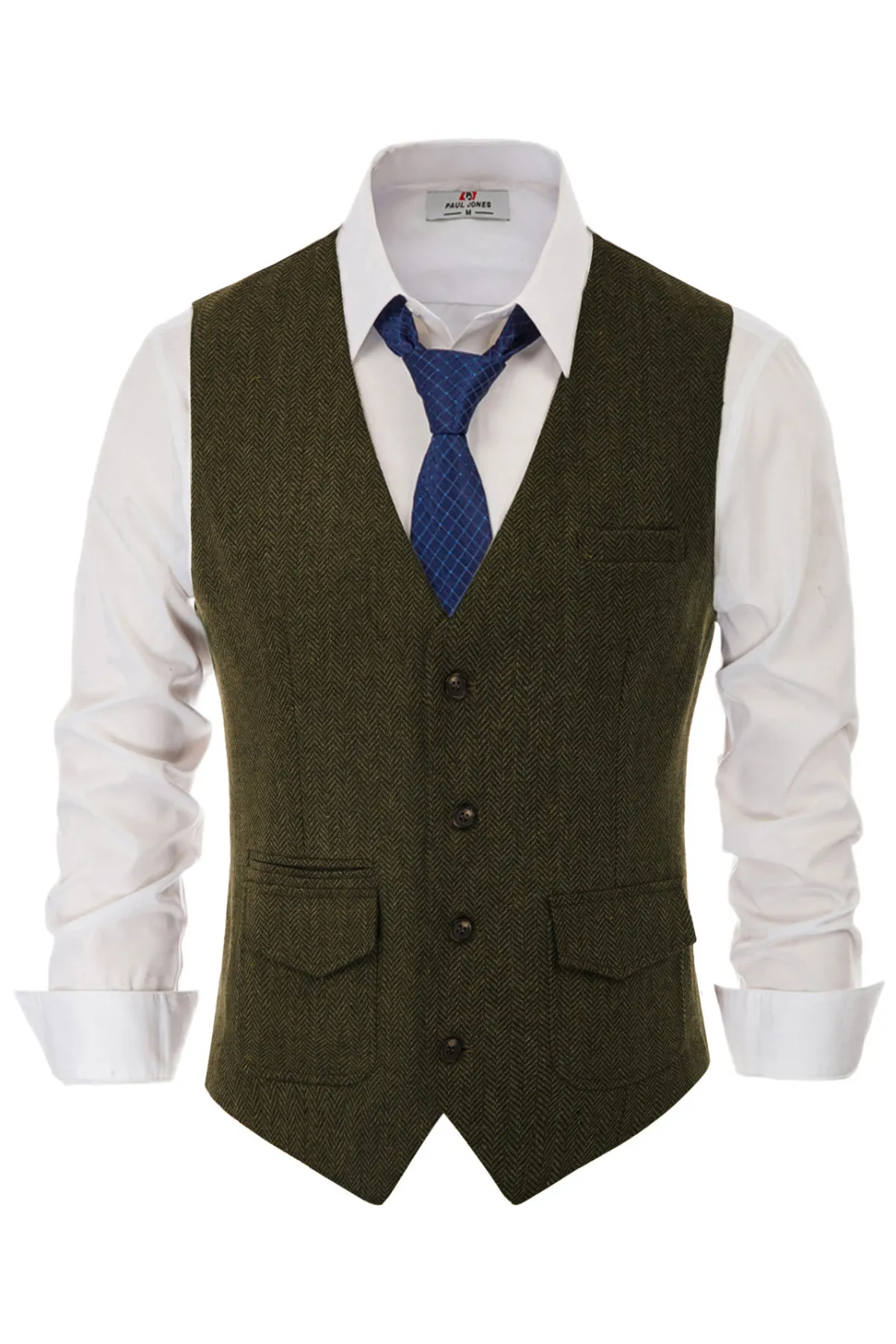 Men's British Herringbone Tweed Vest Casual Wool Blend Waistcoat with Pockets