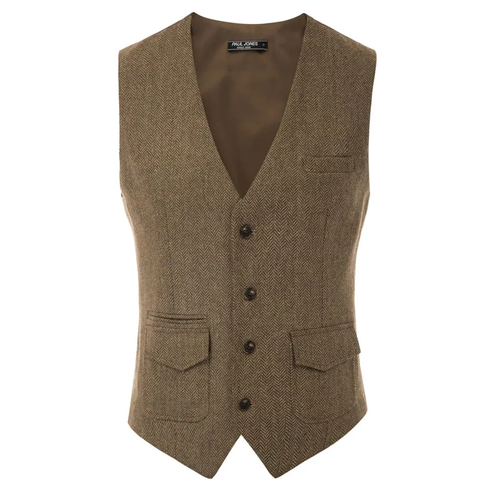 Men's British Herringbone Tweed Vest Casual Wool Blend Waistcoat with Pockets