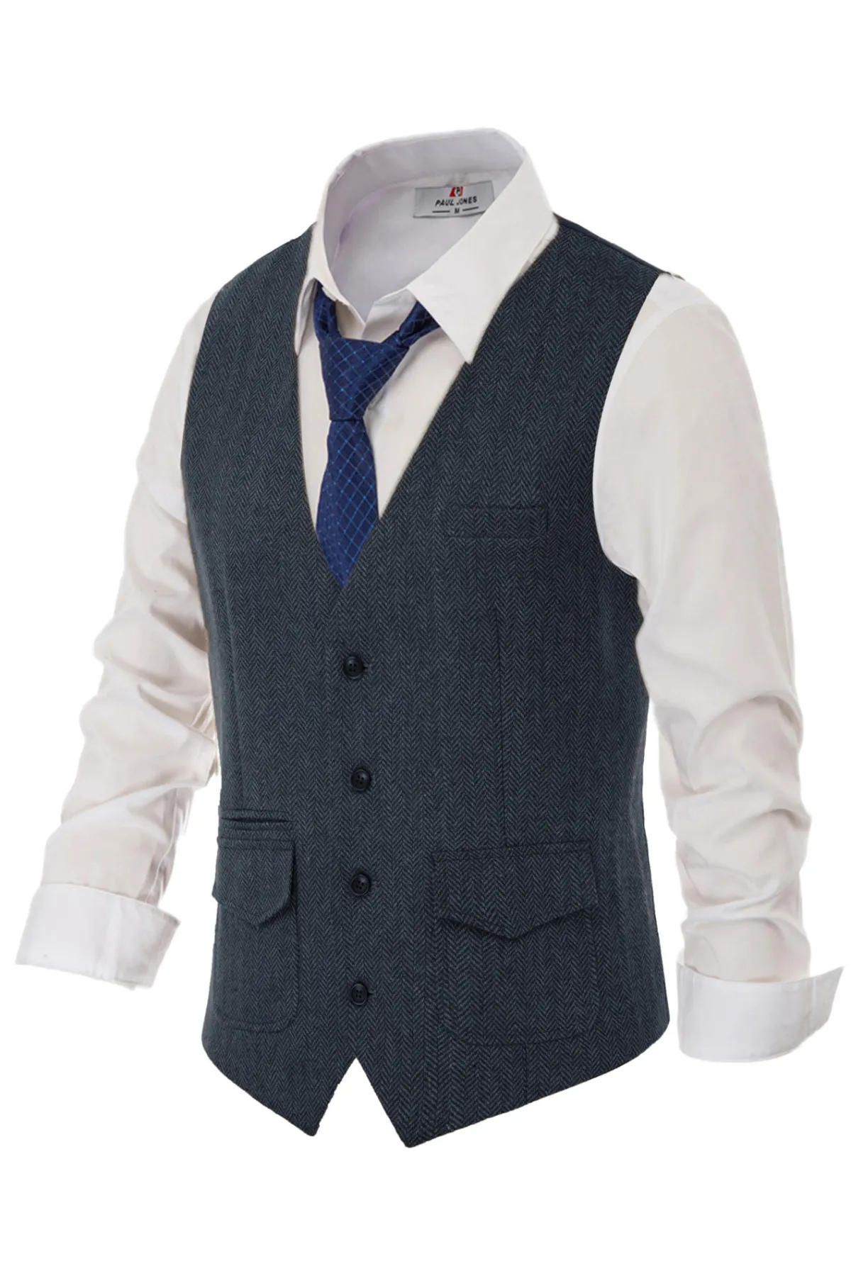 Men's British Herringbone Tweed Vest Casual Wool Blend Waistcoat with Pockets