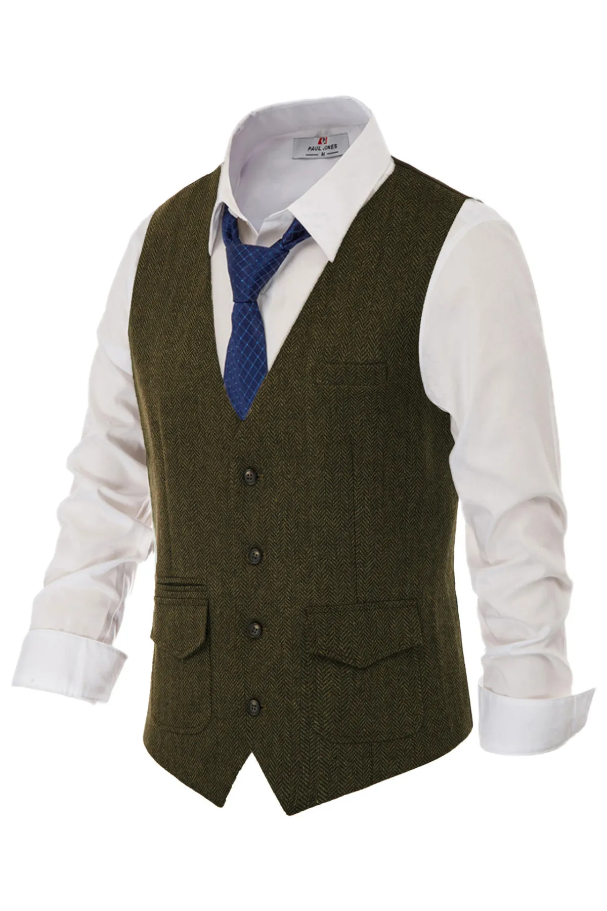 Men's British Herringbone Tweed Vest Casual Wool Blend Waistcoat with Pockets