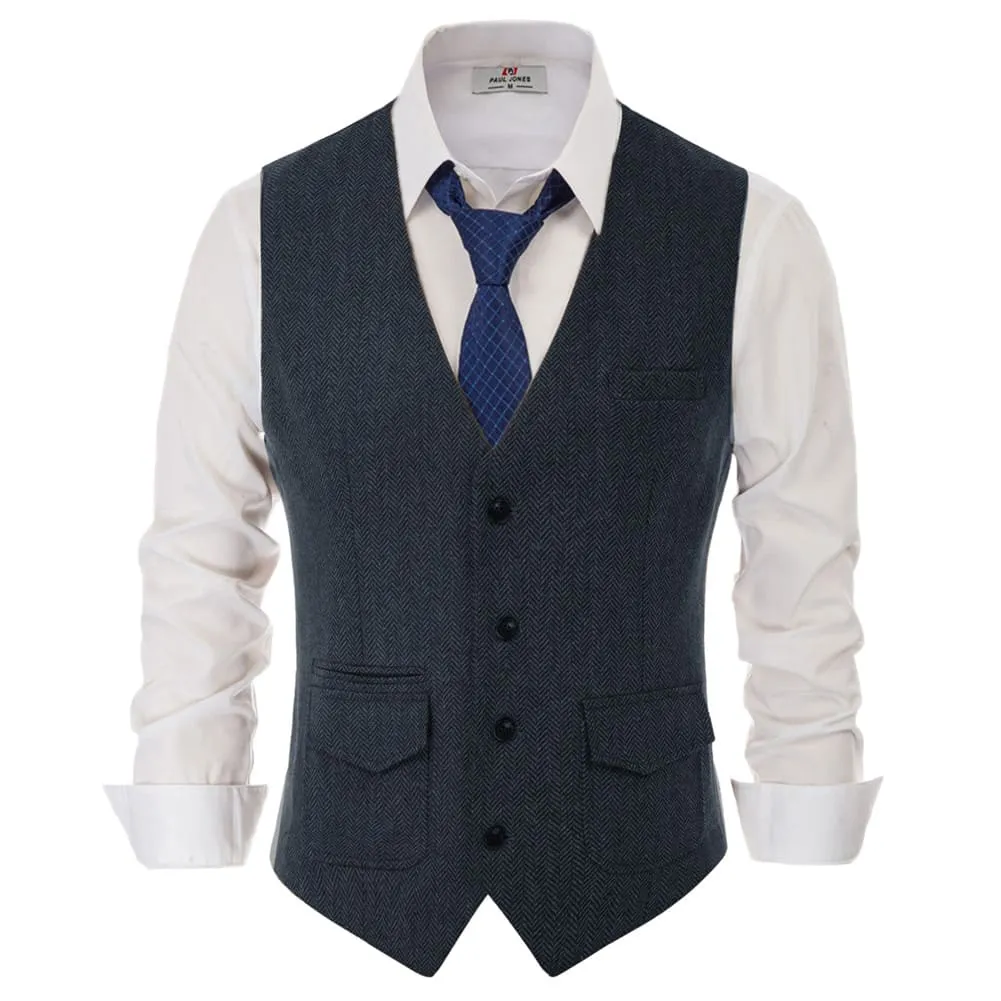 Men's British Herringbone Tweed Vest Casual Wool Blend Waistcoat with Pockets