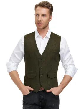 Men's British Herringbone Tweed Vest Casual Wool Blend Waistcoat with Pockets