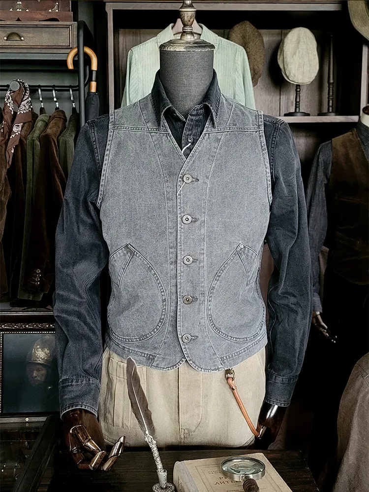 Men's Herringbone Charcoal V-neck Vest