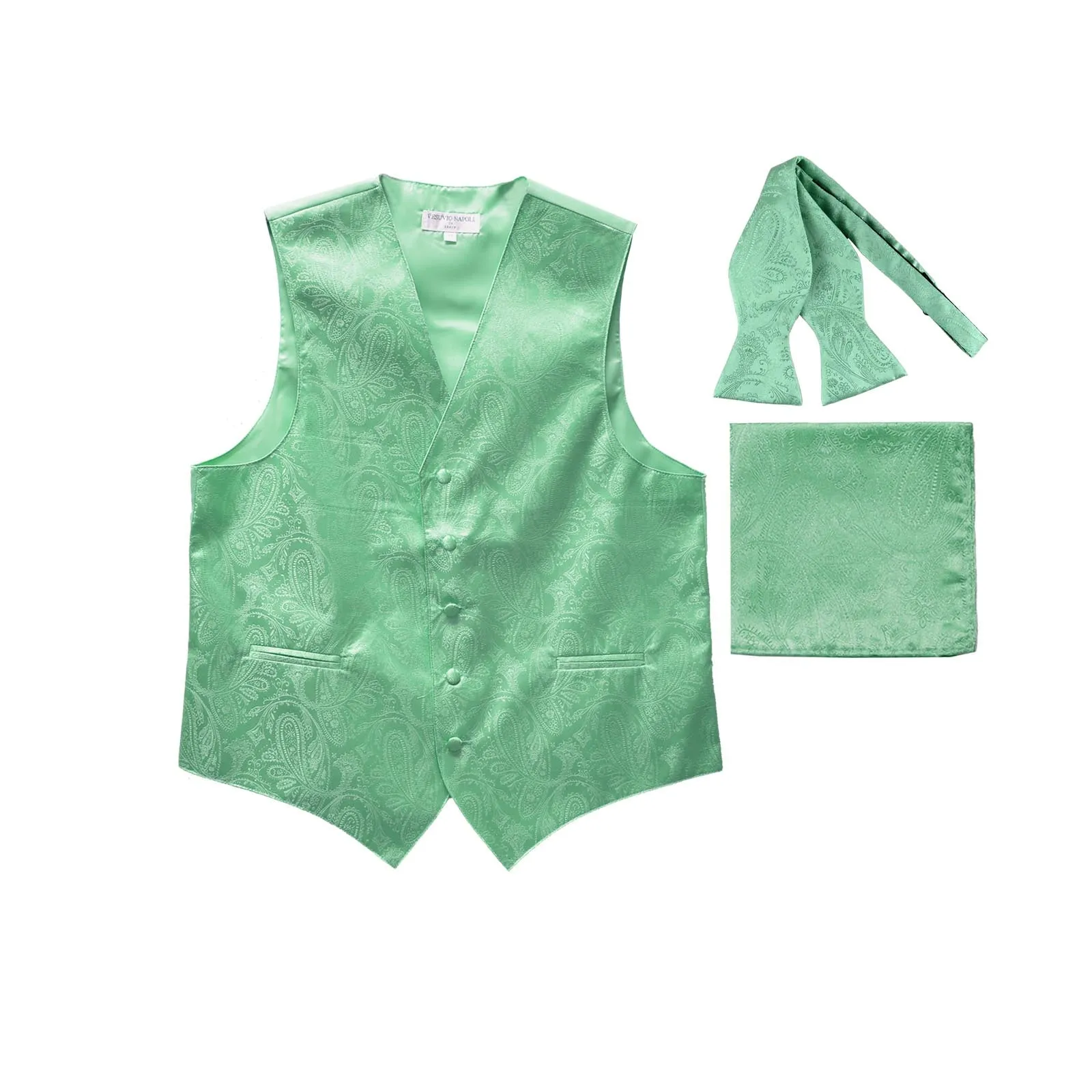 Men's paisley Tuxedo VEST Waistcoat_self tie bowtie & hankie set aqua green