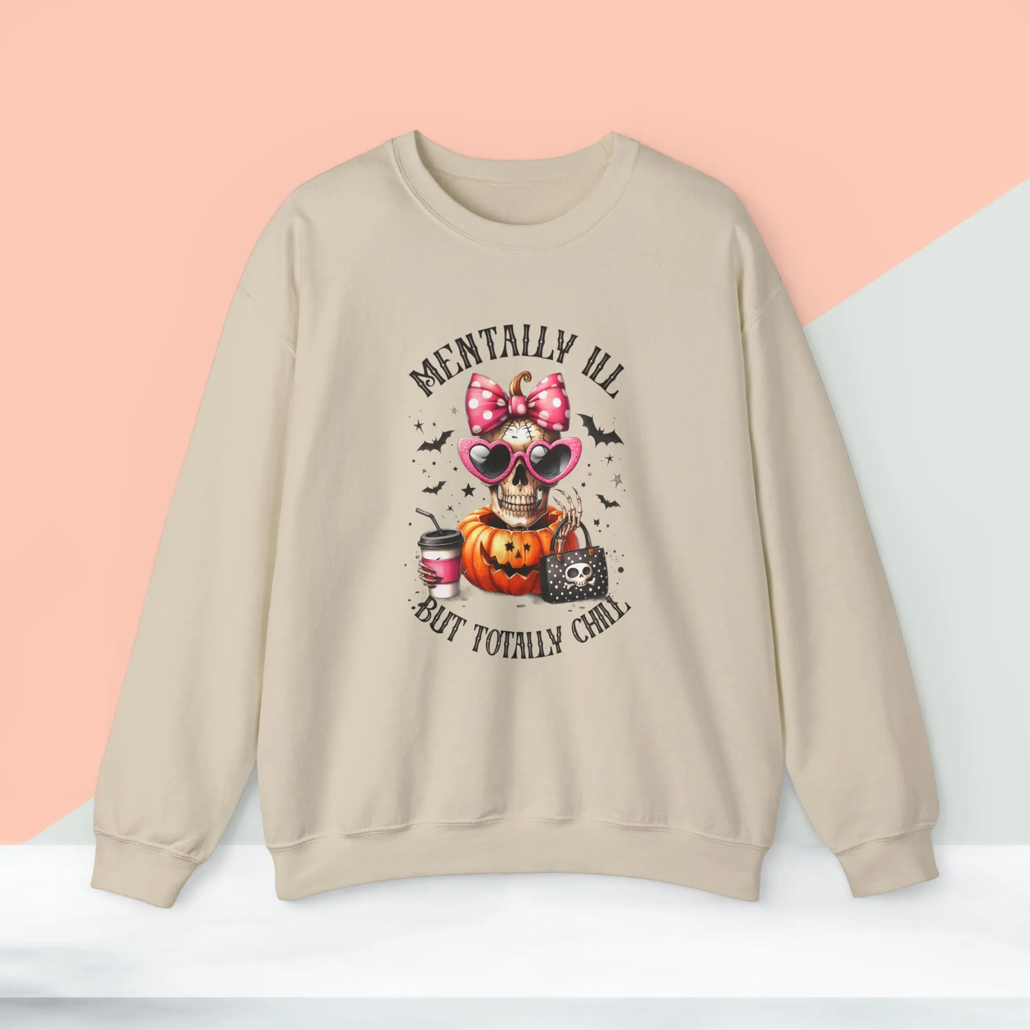 Mentally ill But Totally Chill Halloween Sweatshirt, Happy Halloween Sweatshirt - Unisex Heavy Blend Crewneck, Halloween Sweatshirt, Cute Spooky Ghost sweatshirt.