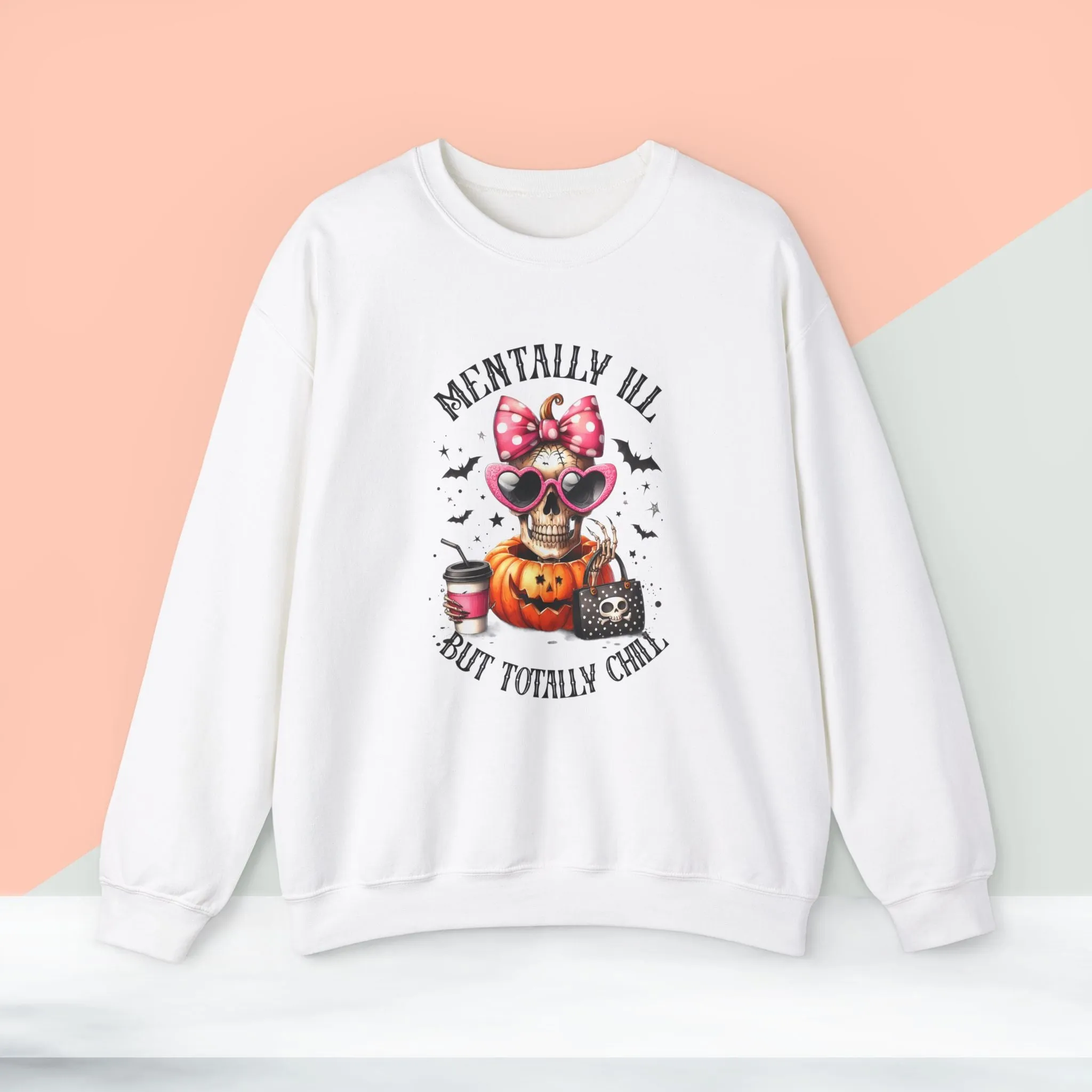 Mentally ill But Totally Chill Halloween Sweatshirt, Happy Halloween Sweatshirt - Unisex Heavy Blend Crewneck, Halloween Sweatshirt, Cute Spooky Ghost sweatshirt.