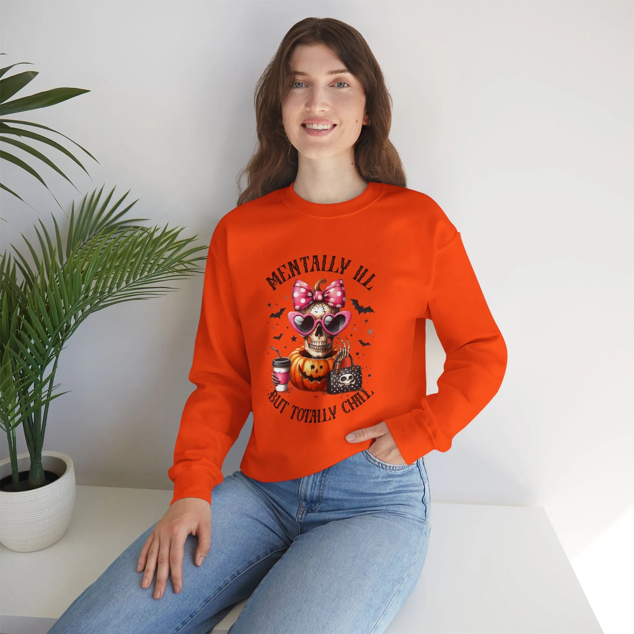 Mentally ill But Totally Chill Halloween Sweatshirt, Happy Halloween Sweatshirt - Unisex Heavy Blend Crewneck, Halloween Sweatshirt, Cute Spooky Ghost sweatshirt.