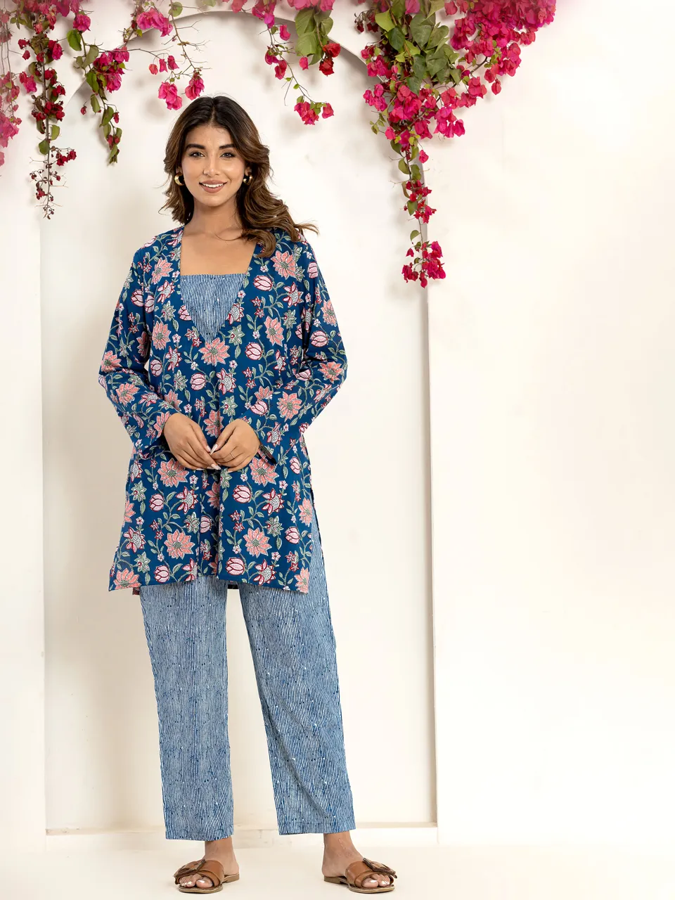 Midnight blue mauve floral strap 3 - piece Pure Cotton set