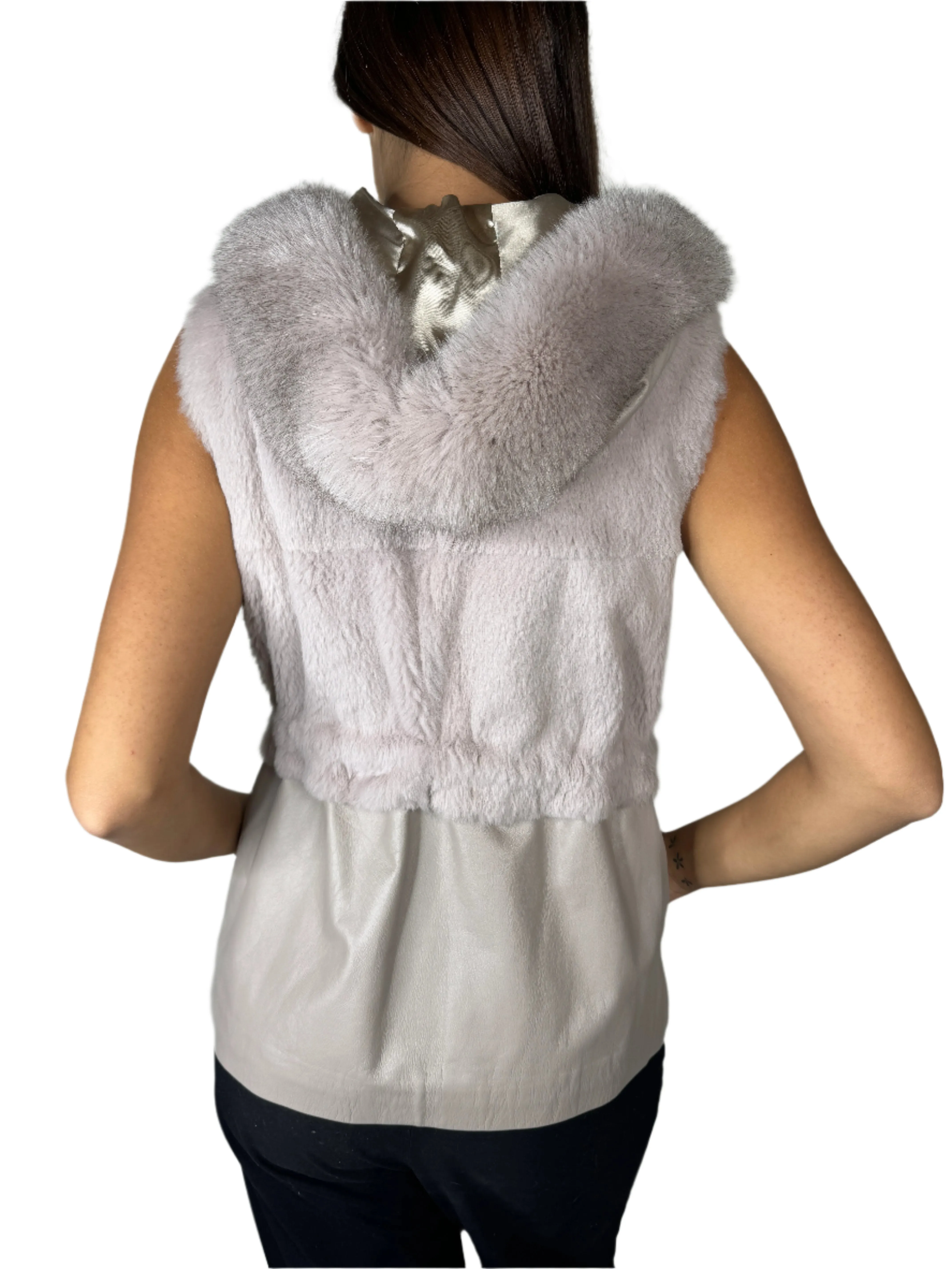 Mitchie's Leather & Rabbit Rabbit Fur Vest w/ Hood Y2K