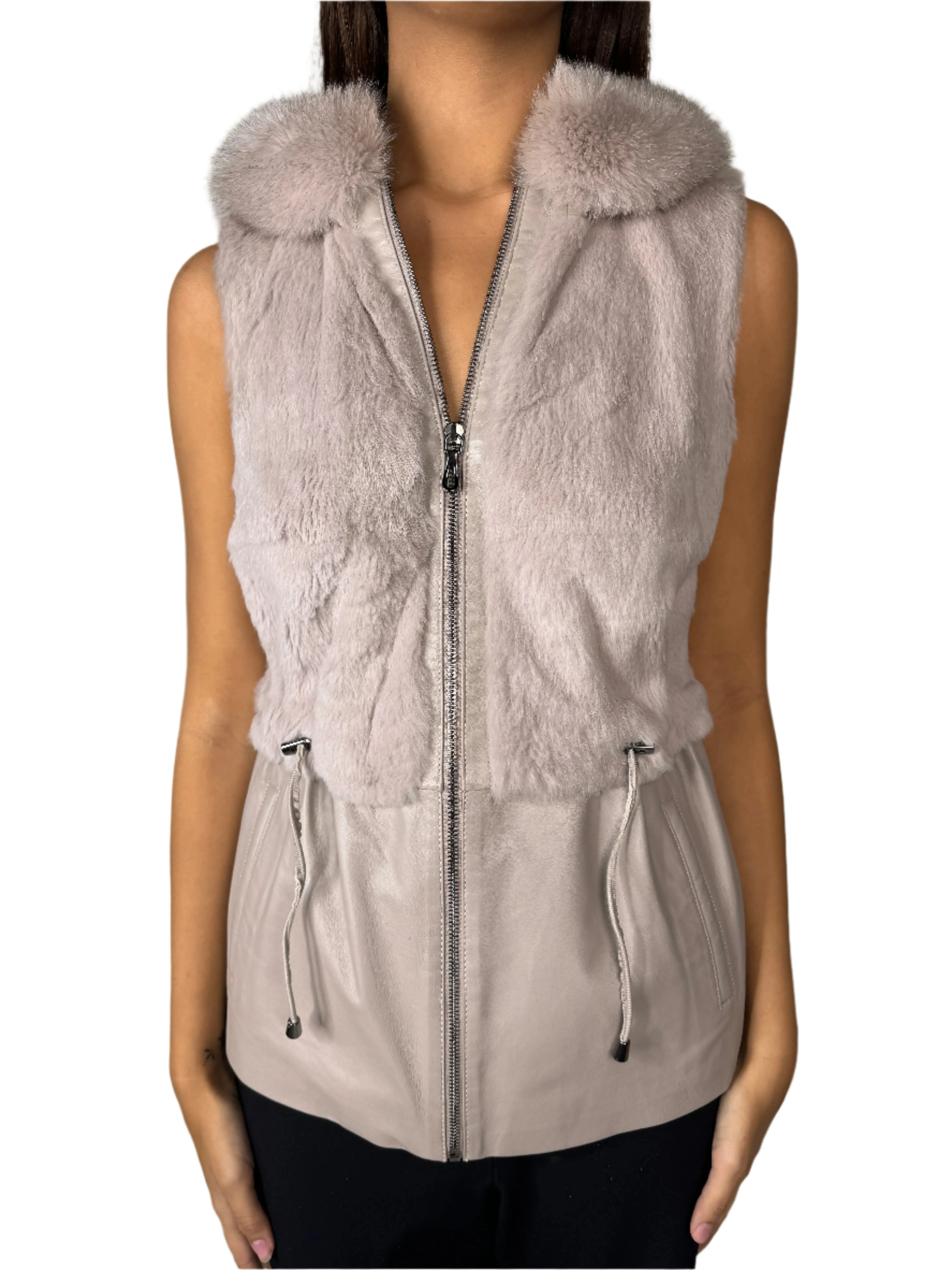 Mitchie's Leather & Rabbit Rabbit Fur Vest w/ Hood Y2K