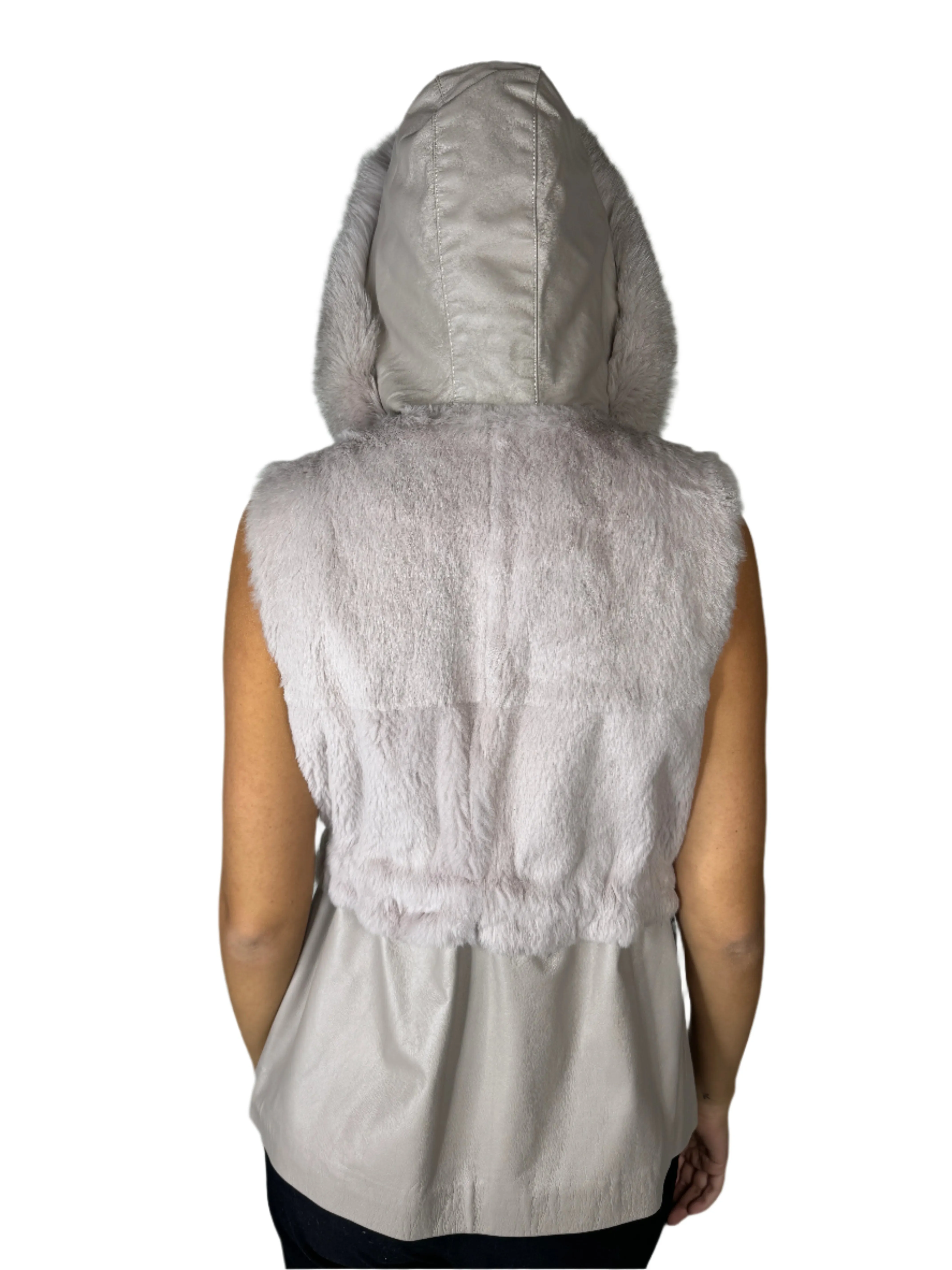 Mitchie's Leather & Rabbit Rabbit Fur Vest w/ Hood Y2K