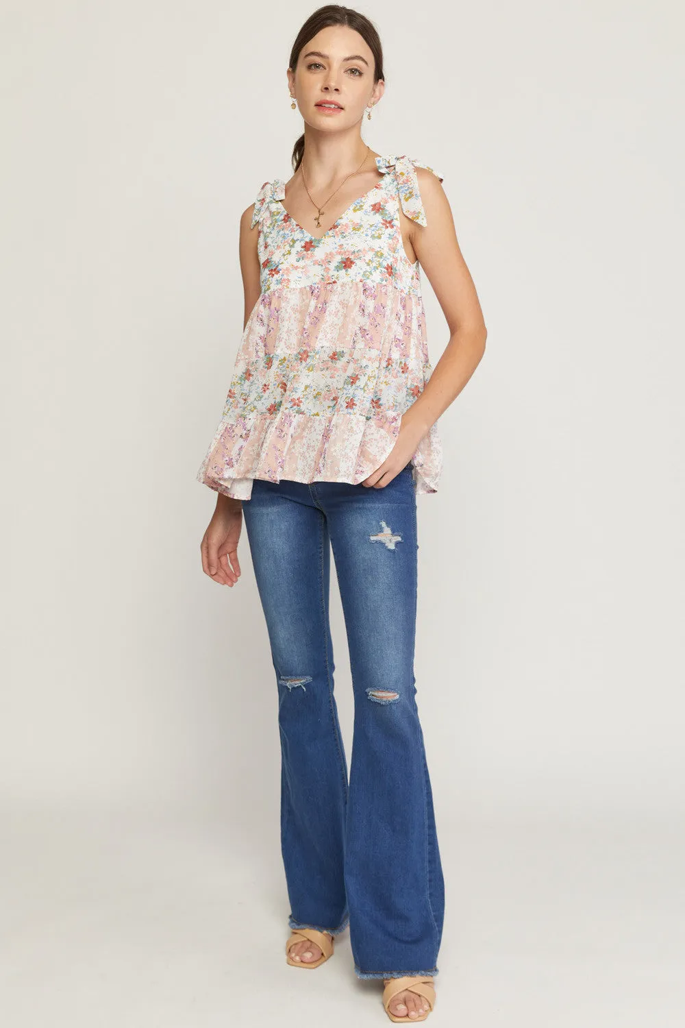 Mixed Floral Print Tiered Top