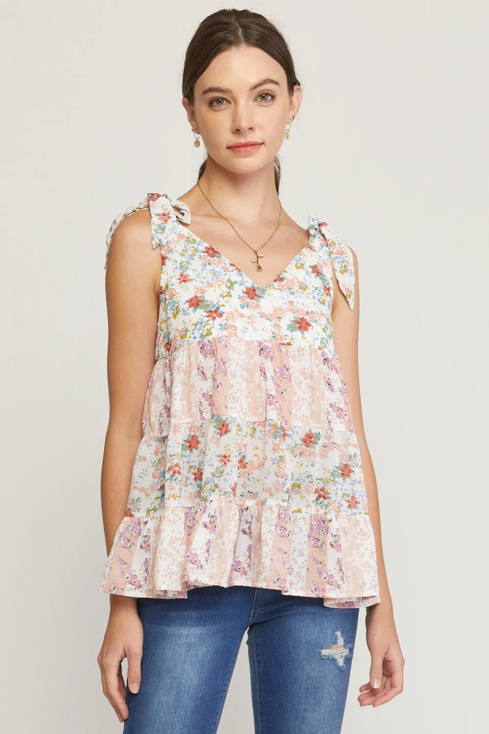 Mixed Floral Print Tiered Top